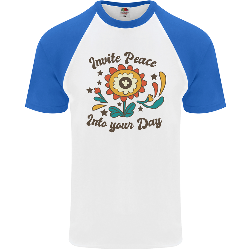 Invite Peace Day Hippy Flower Power Funny Mens S/S Baseball T-Shirt White/Royal Blue