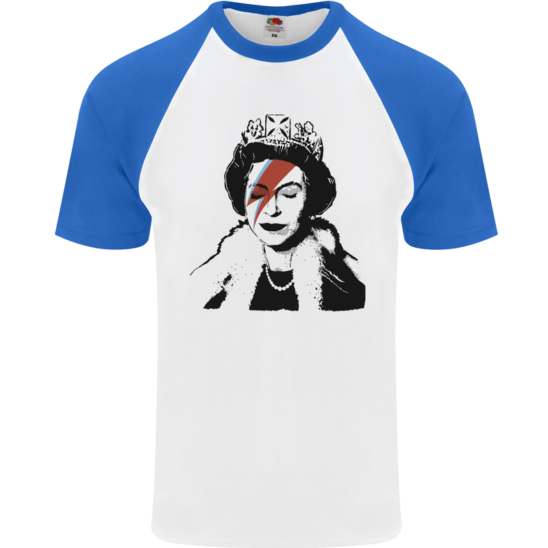 Banksy The Queen with a Bowie Look Mens S/S Baseball T-Shirt White/Royal Blue