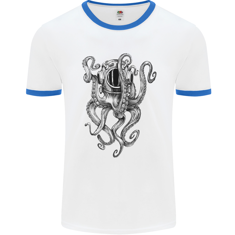 Scuba Diving Octopus Diver Mens White Ringer T-Shirt White/Royal Blue