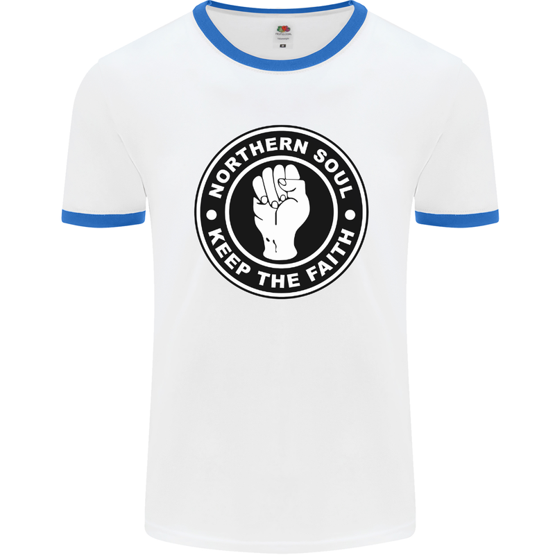 Northern Soul Keeping the Faith Mens White Ringer T-Shirt White/Royal Blue