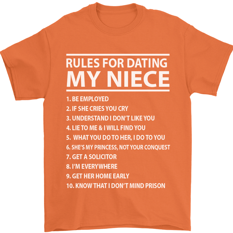 Rules for Dating My Niece Uncle's Day Funny Mens T-Shirt Cotton Gildan Orange