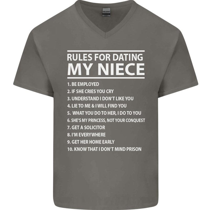 Rules for Dating My Niece Uncle's Day Funny Mens V-Neck Cotton T-Shirt Charcoal