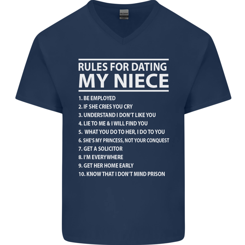 Rules for Dating My Niece Uncle's Day Funny Mens V-Neck Cotton T-Shirt Navy Blue