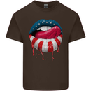 Sexy USA Flag Lips America July 4th Mens Cotton T-Shirt Tee Top Dark Chocolate
