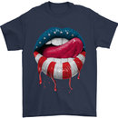 Sexy USA Flag Lips America July 4th Mens T-Shirt Cotton Gildan Navy Blue