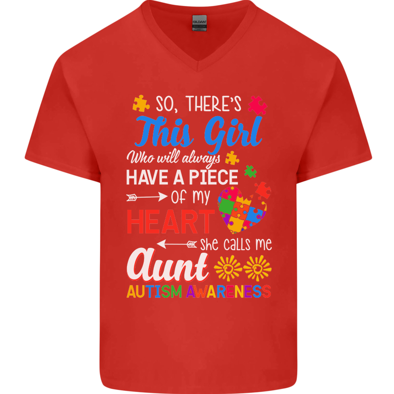 She Calls Me Aunt Autistic Autism Aunty ASD Mens V-Neck Cotton T-Shirt Red