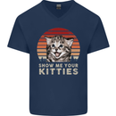 Show Me Your Kitties Funny Cat Kitten Mens V-Neck Cotton T-Shirt Navy Blue