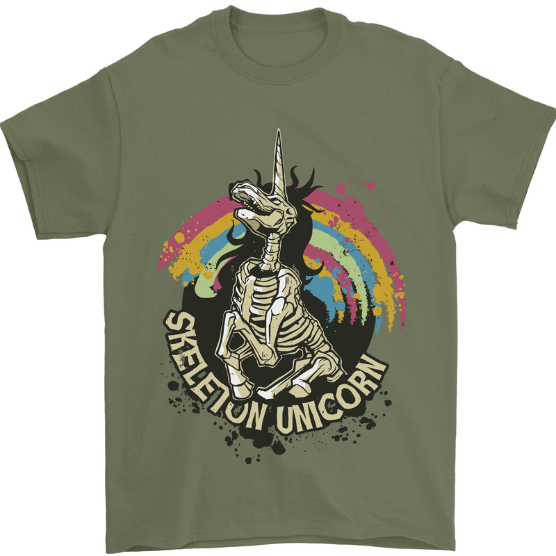 Skeleton Unicorn Skull Heavy Metal Rock Mens T-Shirt Cotton Gildan Military Green