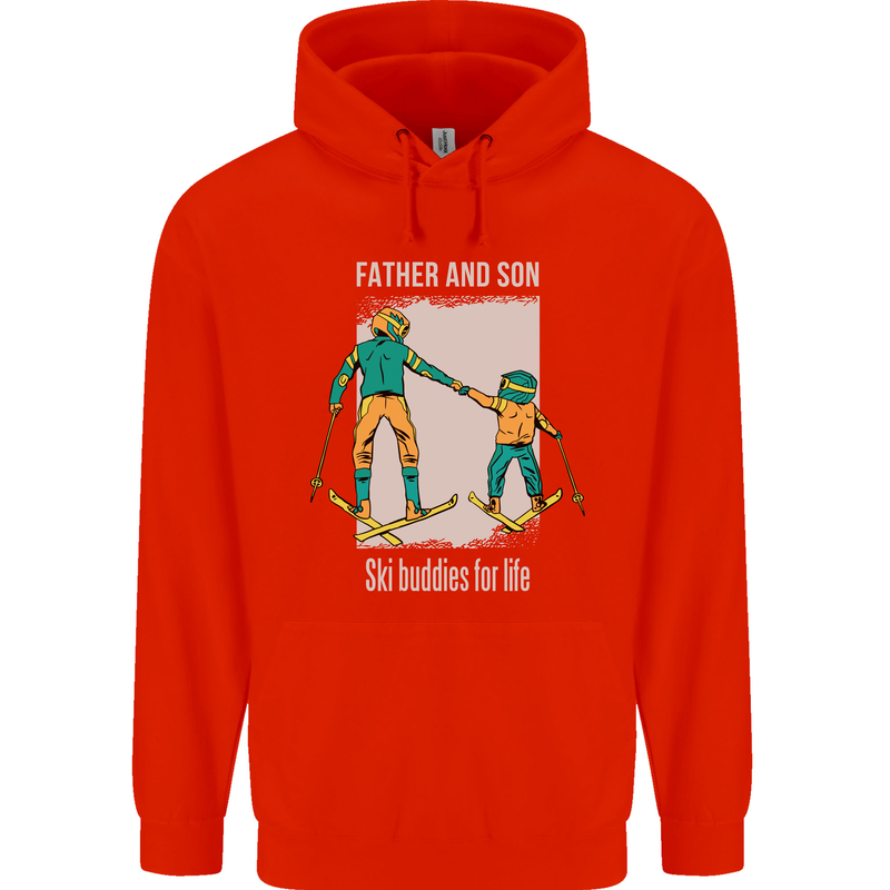 Skiing Father & Son Ski Buddies Fathers Day Childrens Kids Hoodie Bright Red