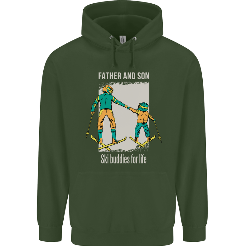 Skiing Father & Son Ski Buddies Fathers Day Childrens Kids Hoodie Forest Green