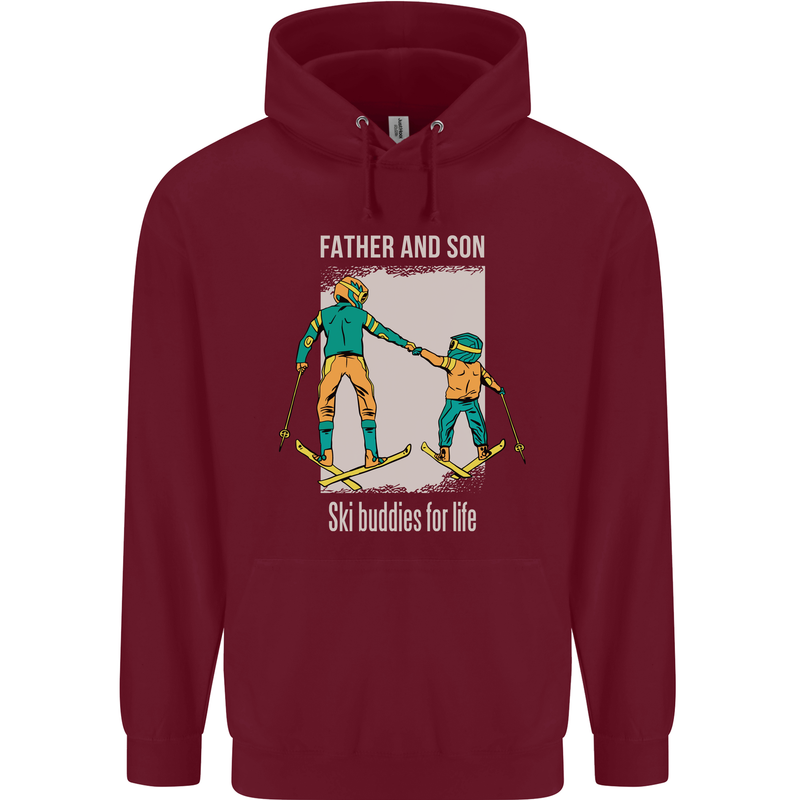 Skiing Father & Son Ski Buddies Fathers Day Childrens Kids Hoodie Maroon