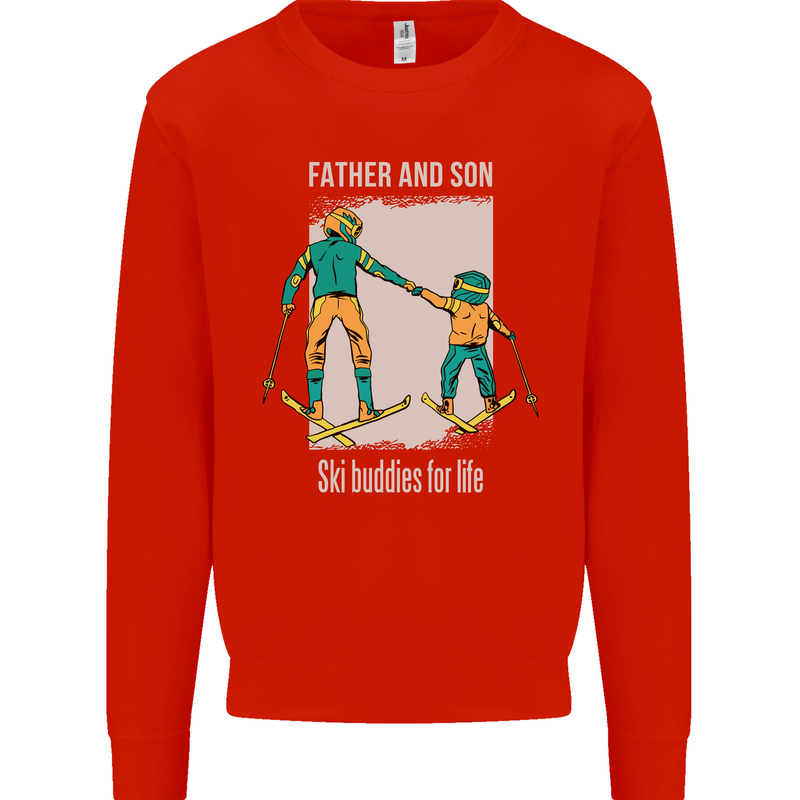 Skiing Father & Son Ski Buddies Fathers Day Kids Sweatshirt Jumper Bright Red