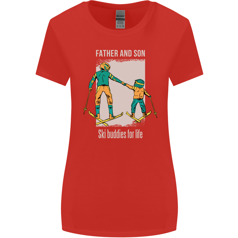 Skiing Father & Son Ski Buddies Fathers Day Womens Wider Cut T-Shirt Red