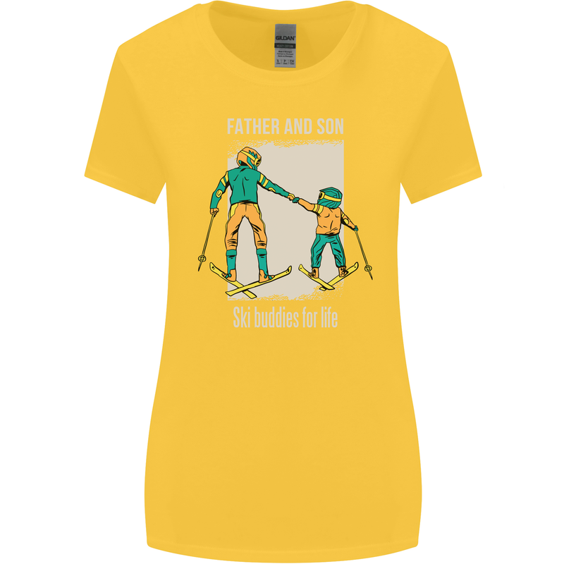 Skiing Father & Son Ski Buddies Fathers Day Womens Wider Cut T-Shirt Yellow