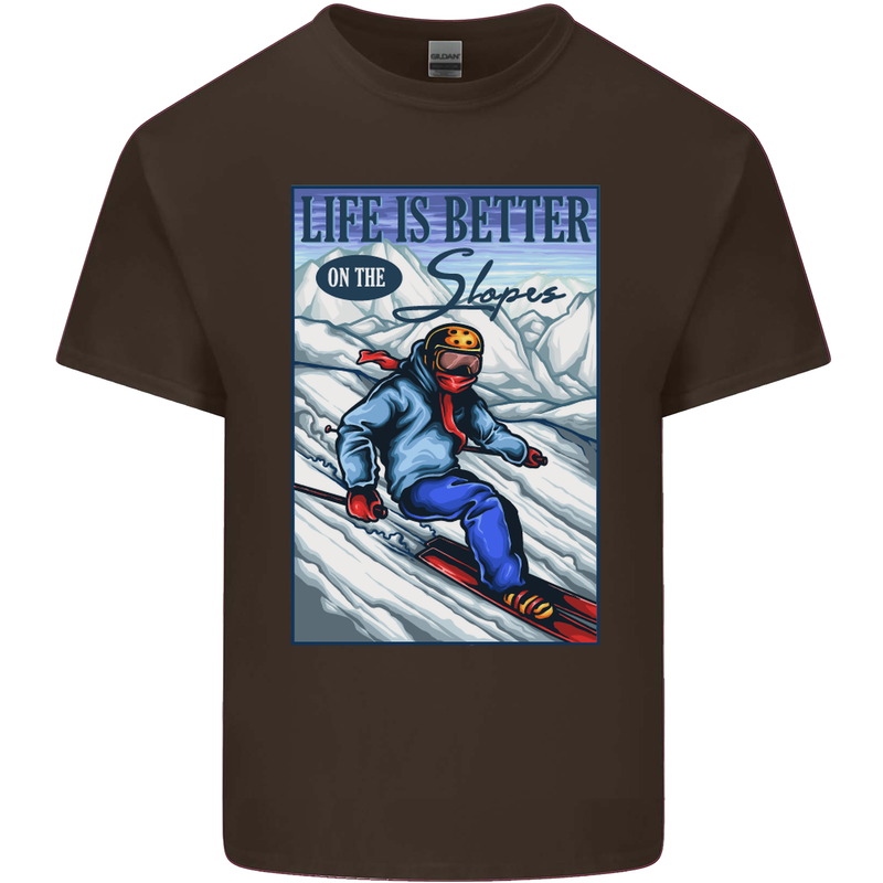 Skiing Life Better on the Slopes Ski Skiier Mens Cotton T-Shirt Tee Top Dark Chocolate
