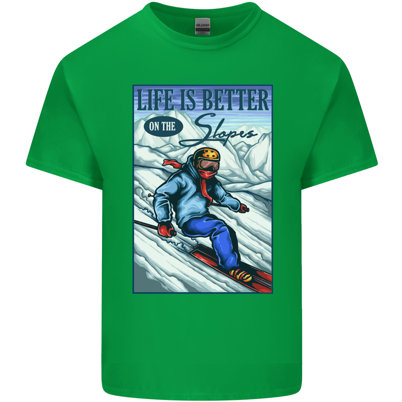 Skiing Life Better on the Slopes Ski Skiier Mens Cotton T-Shirt Tee Top Irish Green
