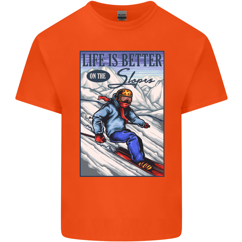 Skiing Life Better on the Slopes Ski Skiier Mens Cotton T-Shirt Tee Top Orange