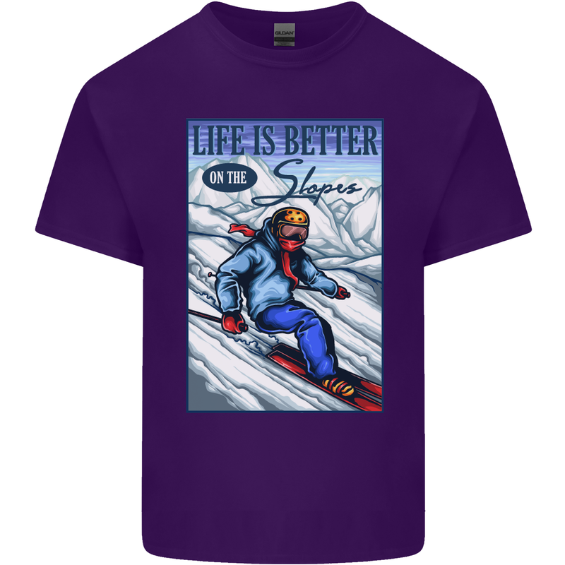 Skiing Life Better on the Slopes Ski Skiier Mens Cotton T-Shirt Tee Top Purple