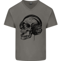 Skull Headphones Gothic Rock Music DJ Mens V-Neck Cotton T-Shirt Charcoal