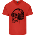 Skull Headphones Gothic Rock Music DJ Mens V-Neck Cotton T-Shirt Red