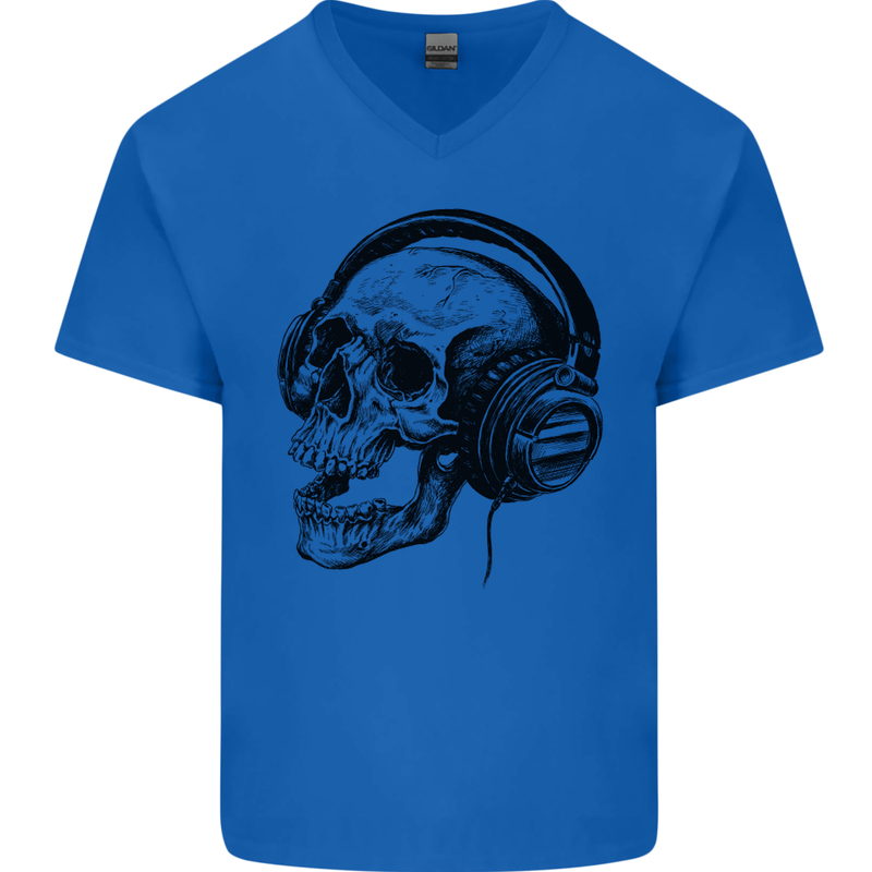 Skull Headphones Gothic Rock Music DJ Mens V-Neck Cotton T-Shirt Royal Blue