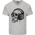 Skull Headphones Gothic Rock Music DJ Mens V-Neck Cotton T-Shirt Sports Grey