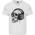 Skull Headphones Gothic Rock Music DJ Mens V-Neck Cotton T-Shirt White