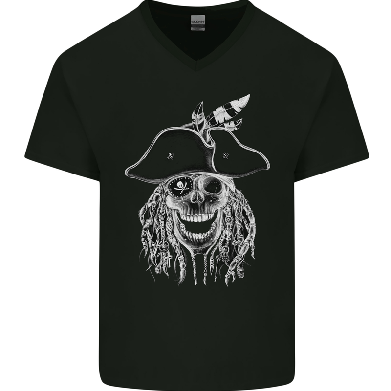 Skull Pirate Mens V-Neck Cotton T-Shirt Black
