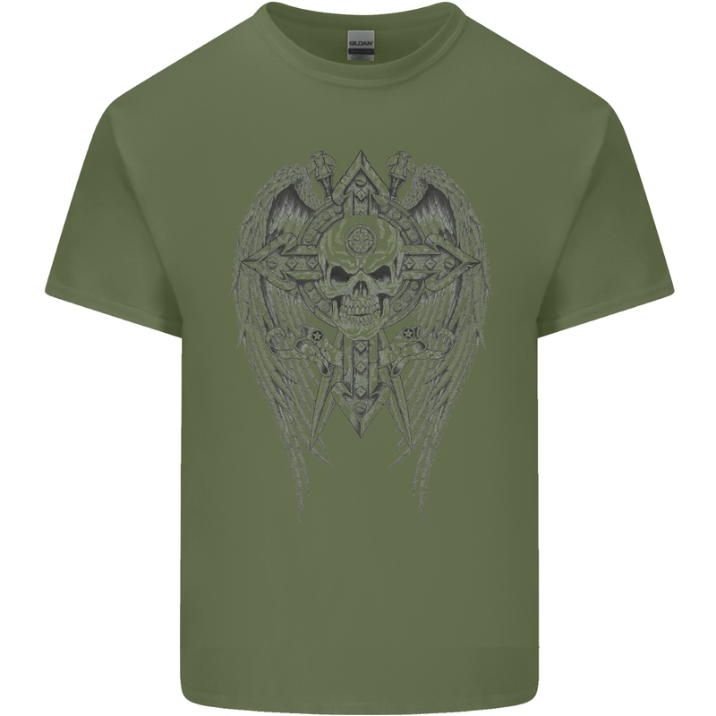 Skull Wings Viking Gothic  Wings Gym Biker Mens Cotton T-Shirt Tee Top Military Green