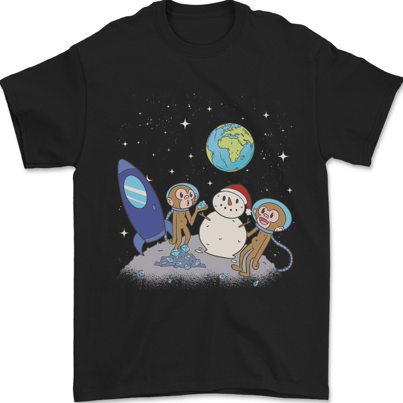 Space Monkeys Aliens UFO Christmas Snowman Mens T-Shirt 100% Cotton Black