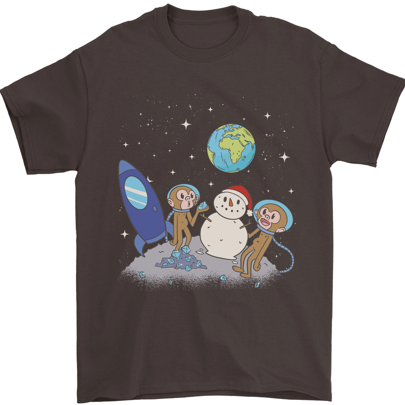 Space Monkeys Aliens UFO Christmas Snowman Mens T-Shirt 100% Cotton Dark Chocolate