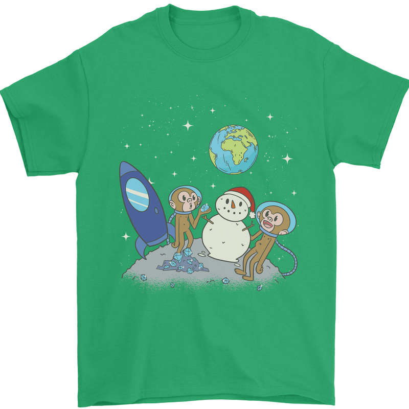 Space Monkeys Aliens UFO Christmas Snowman Mens T-Shirt 100% Cotton Irish Green