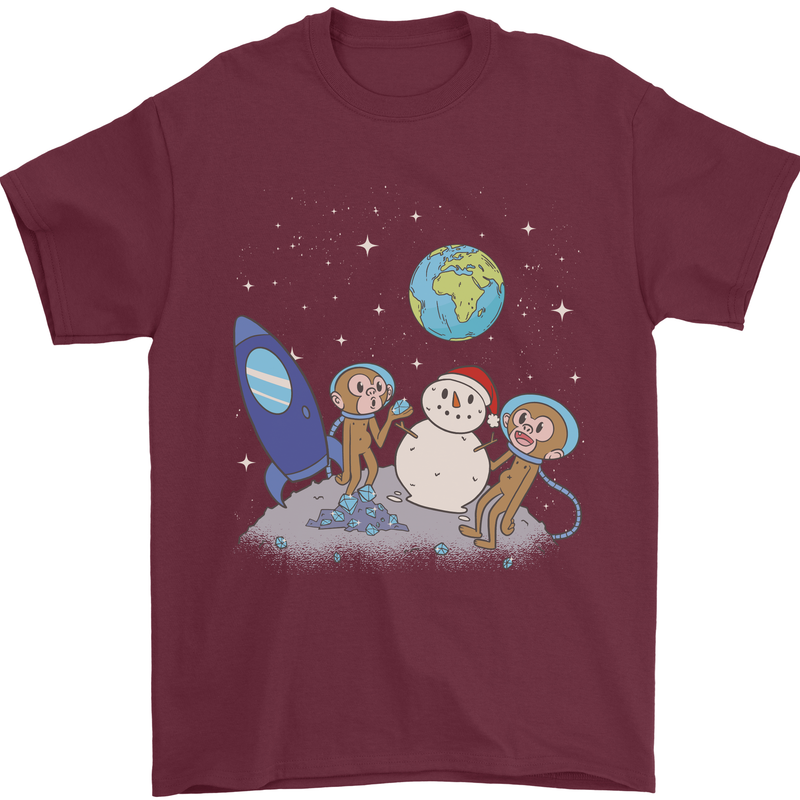 Space Monkeys Aliens UFO Christmas Snowman Mens T-Shirt 100% Cotton Maroon