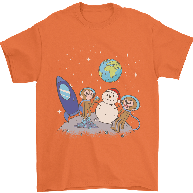 Space Monkeys Aliens UFO Christmas Snowman Mens T-Shirt 100% Cotton Orange