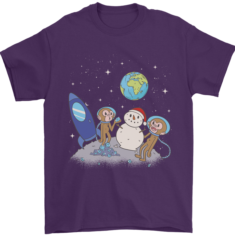 Space Monkeys Aliens UFO Christmas Snowman Mens T-Shirt 100% Cotton Purple