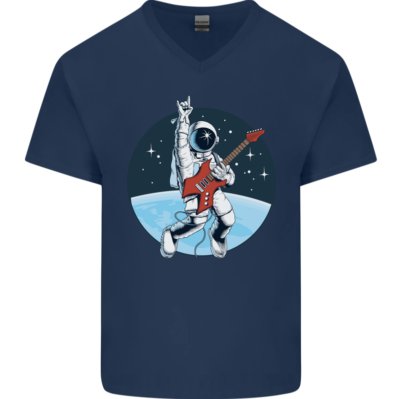 Space Rock Funny Astronaut Guitar Guitarist Mens V-Neck Cotton T-Shirt Navy Blue