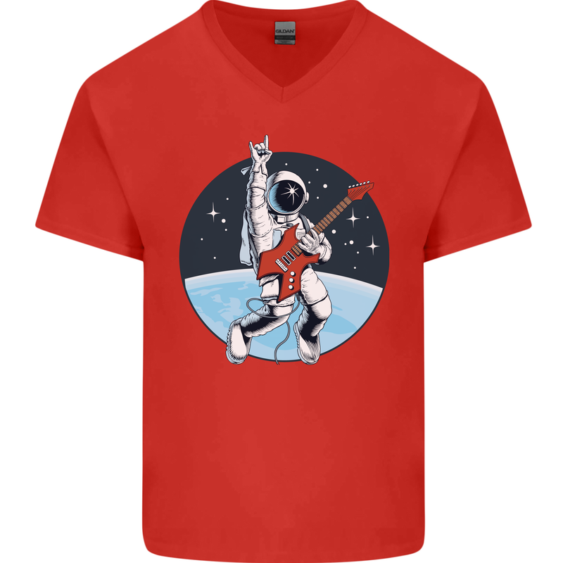 Space Rock Funny Astronaut Guitar Guitarist Mens V-Neck Cotton T-Shirt Red