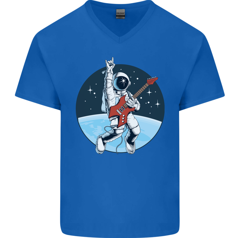 Space Rock Funny Astronaut Guitar Guitarist Mens V-Neck Cotton T-Shirt Royal Blue