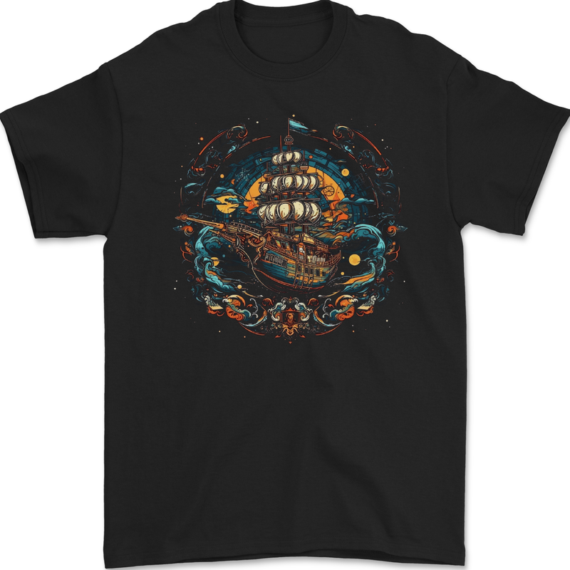 Space Ship Fantasy Boat Sailing Sailor Mens Gildan Cotton T-Shirt Black