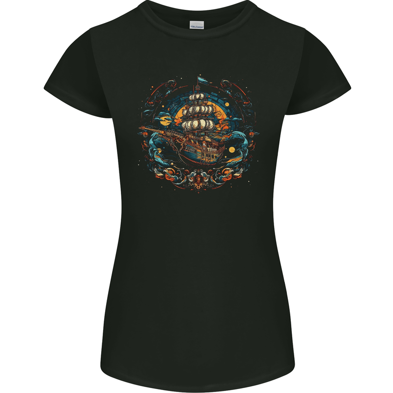 Space Ship Fantasy Boat Sailing Sailor Womens Petite Cut T-Shirt Black