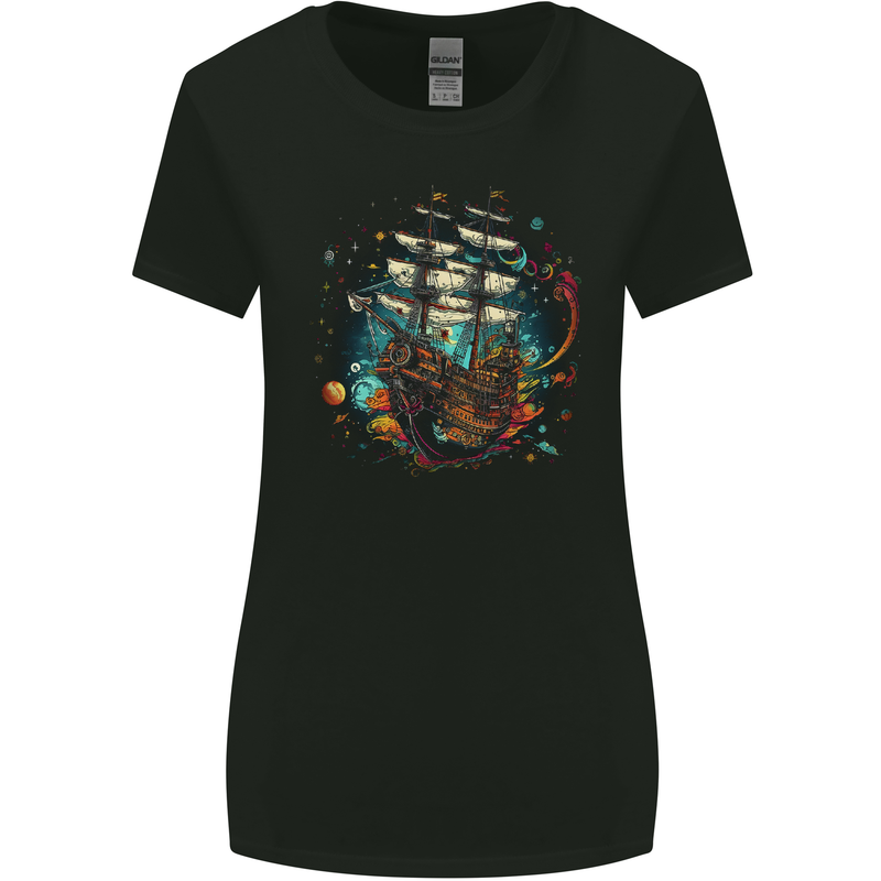 Space Ship Fantasy Galleon Sailing Sailor Womens Wider Cut T-Shirt Black