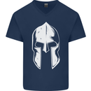Spartan Helmet Weight Training Fitness Gym Mens V-Neck Cotton T-Shirt Navy Blue
