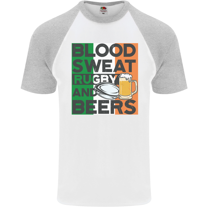 Blood Sweat Rugby and Beers Ireland Funny Mens S/S Baseball T-Shirt White/Sports Grey