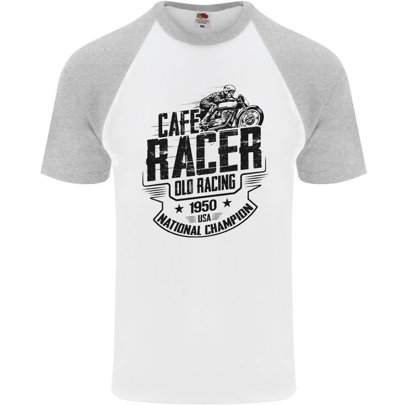 Cafe Racer Old Racing Motorcycle Biker Mens S/S Baseball T-Shirt White/Sports Grey