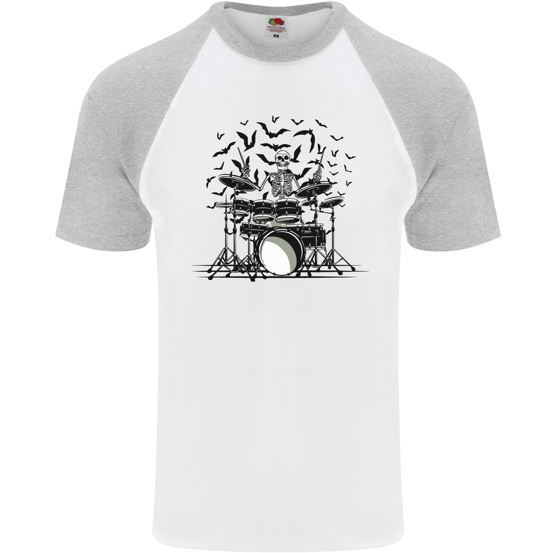 Skeleton Drummer Drumming Drum Skull Funny Mens S/S Baseball T-Shirt White/Sports Grey