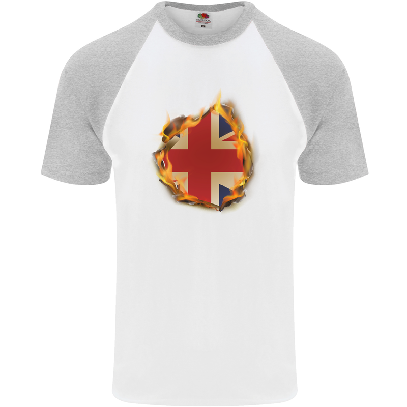Union Jack Flag Fire Effect Great Britain Mens S/S Baseball T-Shirt White/Sports Grey