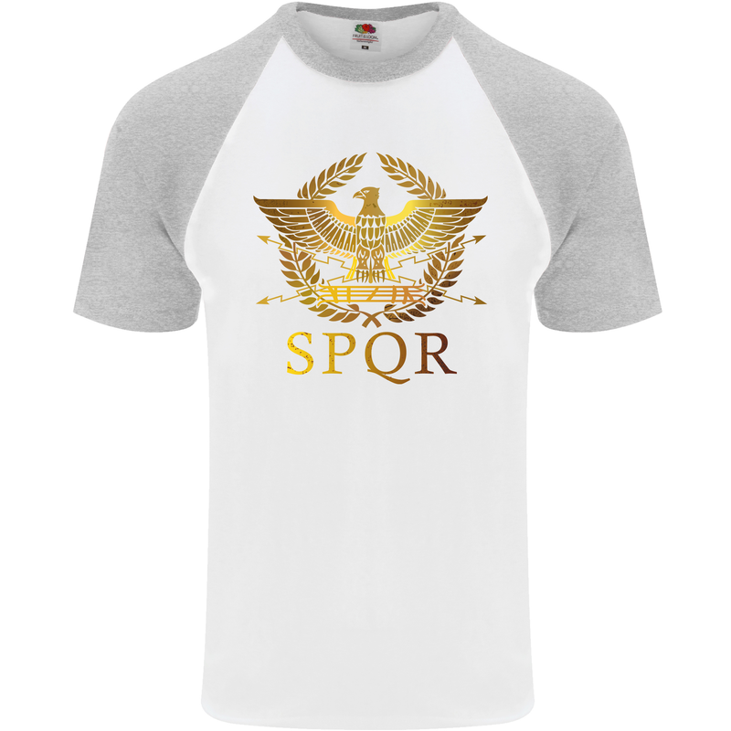 Gym Training Top Weightlifting SPQR Roman Mens S/S Baseball T-Shirt White/Sports Grey