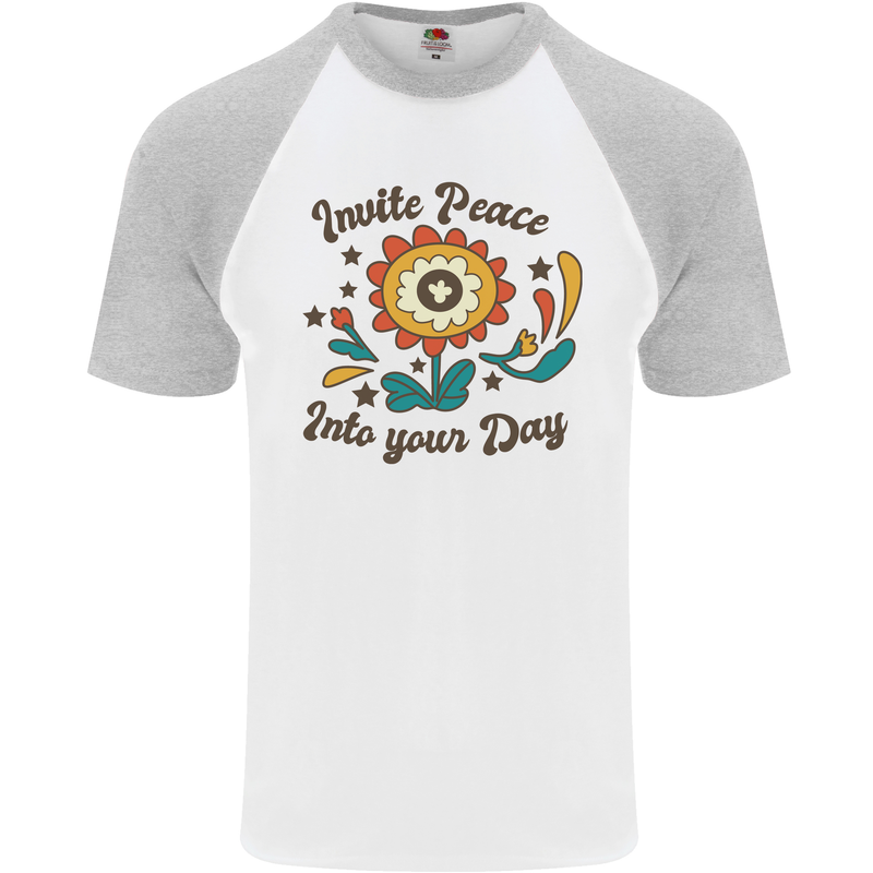 Invite Peace Day Hippy Flower Power Funny Mens S/S Baseball T-Shirt White/Sports Grey