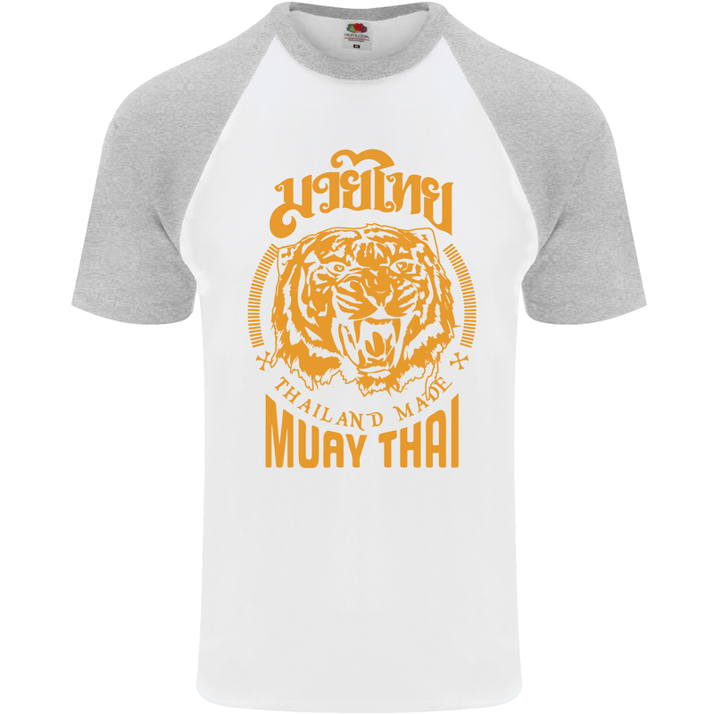 Muay Thai Fighter Warrior MMA Martial Arts Mens S/S Baseball T-Shirt White/Sports Grey