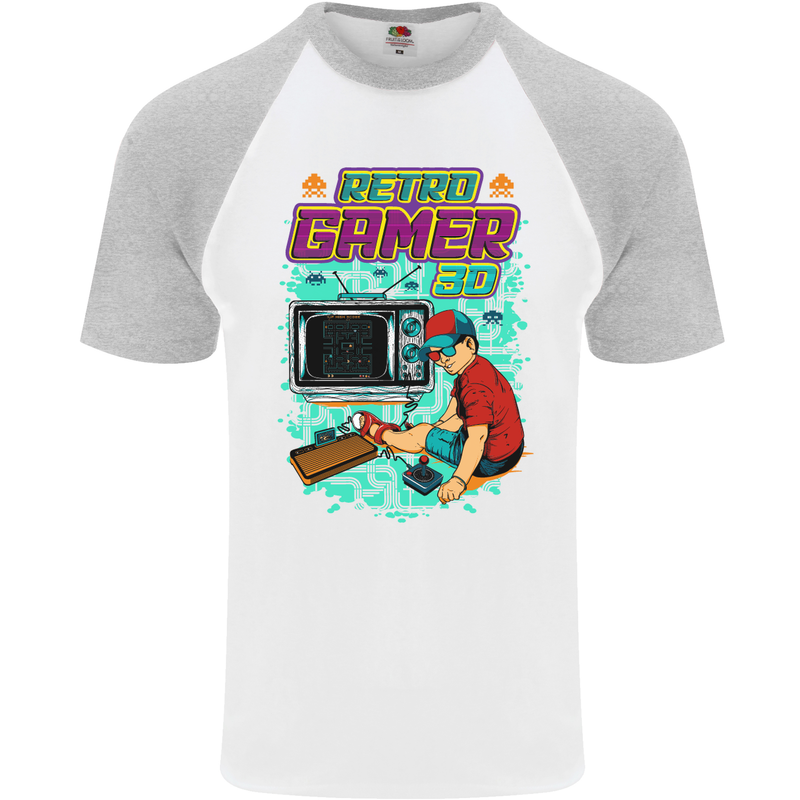 Retro Gamer Arcade Games Gaming Mens S/S Baseball T-Shirt White/Sports Grey